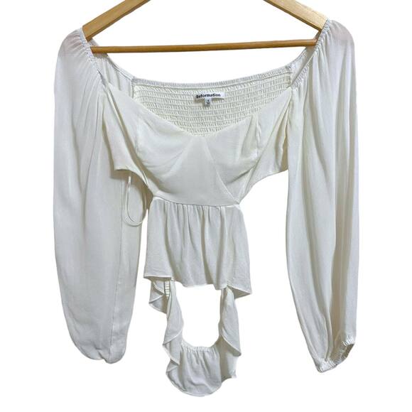 Reformation Womens White Smocked Ruffle Bishop Sleeve Off Shoulder Blouse Size 4 - Picture 1 of 5